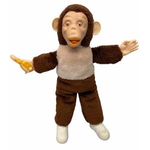 Vintage Zippy Toy Mr Bim Plush Monkey Doll Stuffed Banana Rubber Face Brown